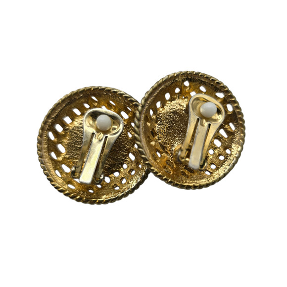 Clip On Earrings Gold Tone Faux Pearl Round Filigree Lattice Retro SKU2393 - Picture 5 of 7